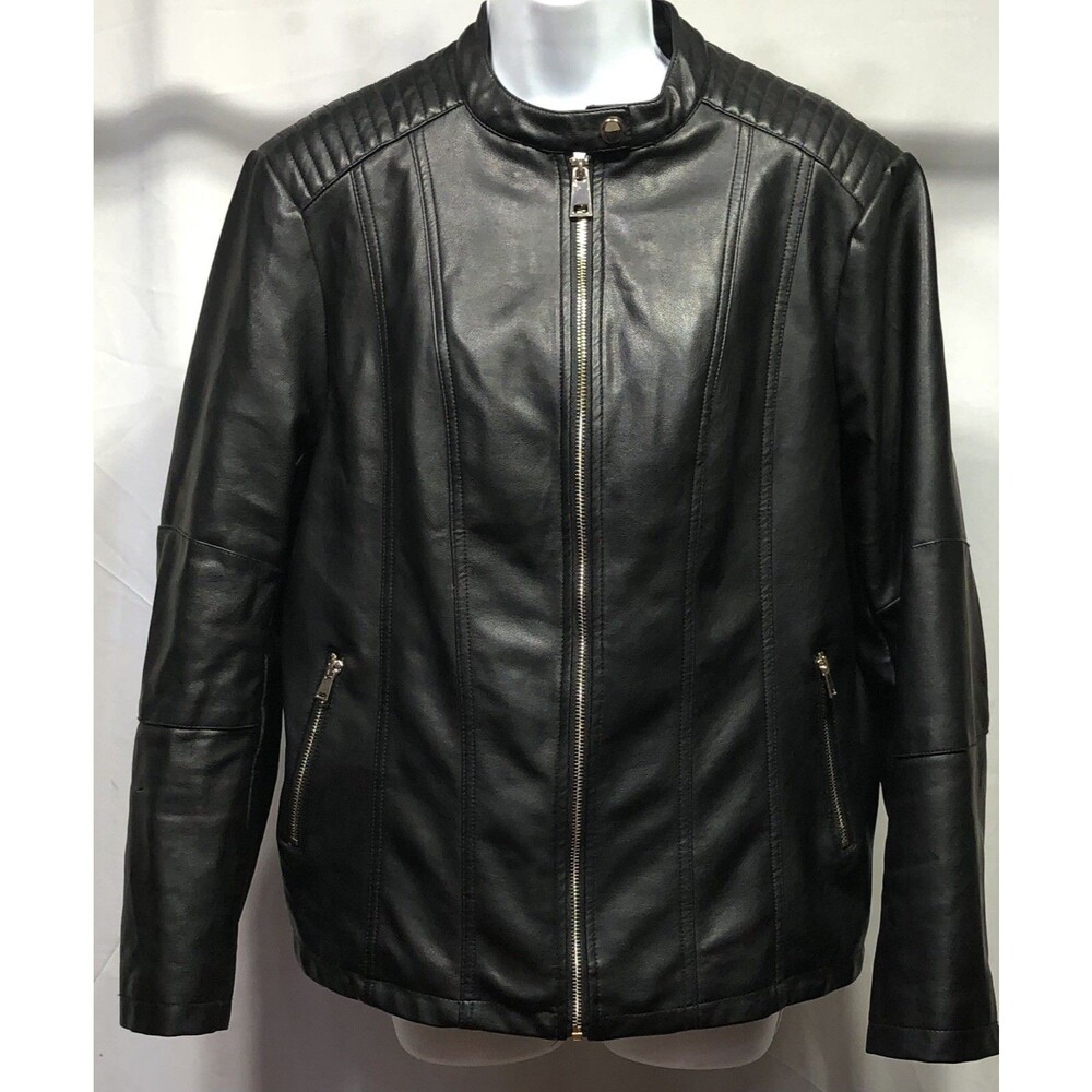 Diashiny Cafe Race Faux Leather Jacket L Blk Zip Up Pockets Lined Biker Moto